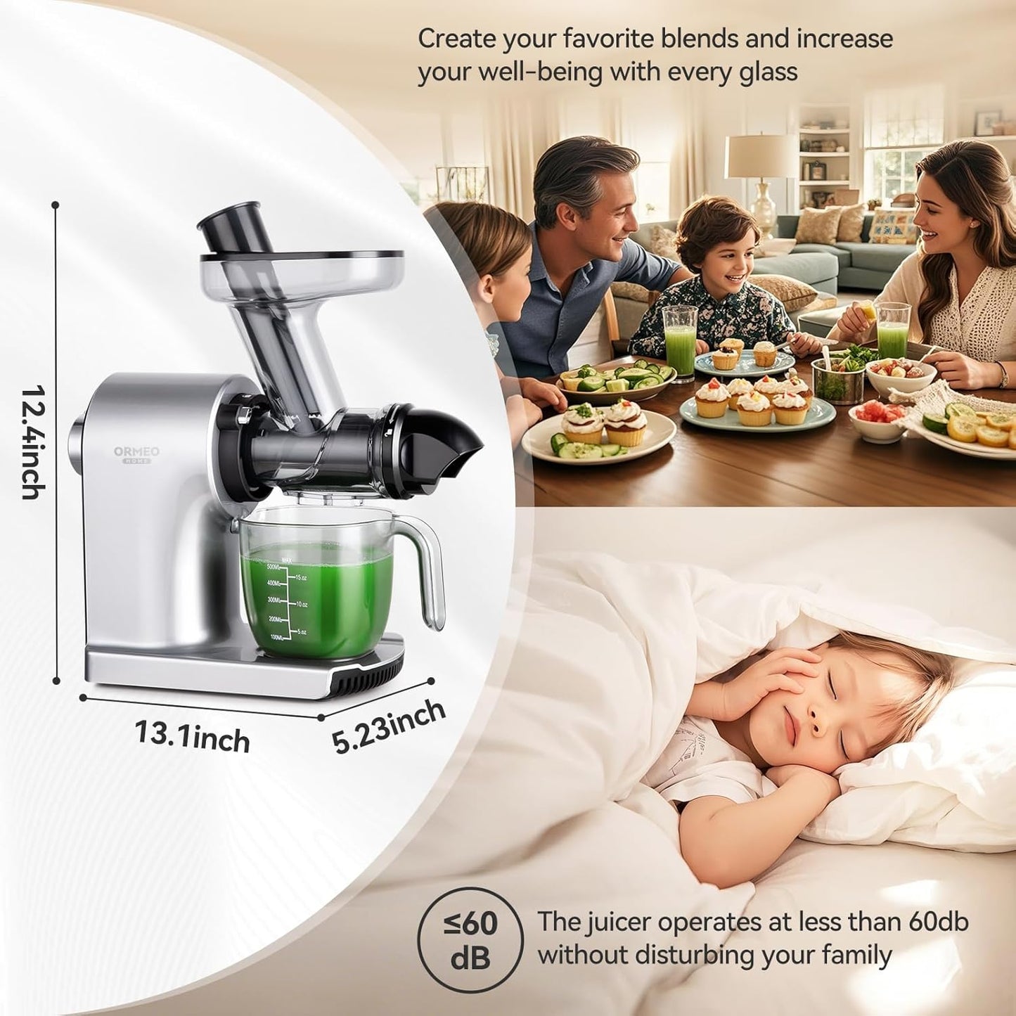 Juicer Machines,ORMEO HOME Cold Press Juicer with 3.60"Large Feed Chute For Vegetable and Fruit,Slow Masticating Juicers Easy to Clean,Quiet Motor,BPA-Free,High Juice Yield(Updated)