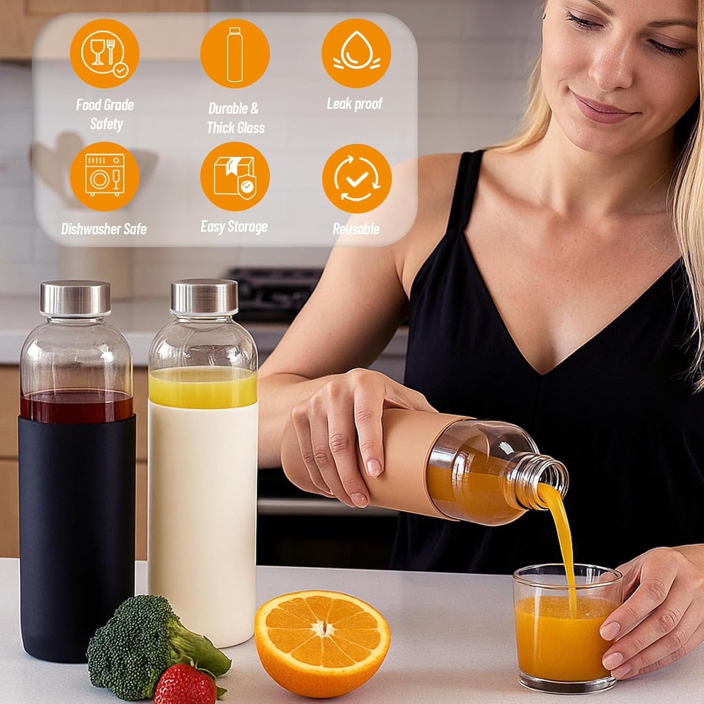 18 oz Clear Glass Juice Bottles with Lids and Silicone Sleeve, Reusable Glass Water Bottles with Stainless Steel Cap for Juicing, Refrigerator,100% Leak Proof, BPA Free, Set of 6