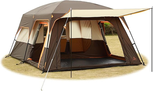 KTT Extra Large Tent 10-12-14 Person(B),Family Cabin Tents,2 Rooms,3 Doors and 3 Windows with Mesh,Straight Wall,Waterproof,Double Layer,Big Tent for Outdoor,Picnic,Camping,Family Gathering
