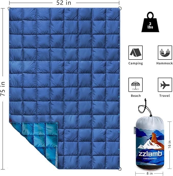 zzlamb Camping Blanket, Lightweight Cloak Puffy Down Alternative Travel Blanket, Portable & Windproof Warm Outdoor Blanket, Cozy Quilt Plane Car Picnic Hammock Beach Backpacking, 52x75in