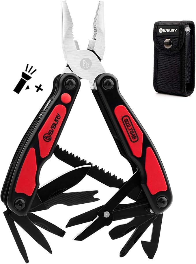 BIBURY Multitool Pliers, 14 in 1 Multi Tool with Flashlight, Scissors, Knife, Stainless Steel Pocket Knife Multifunctional EDC Tool for Camping, Survival, Fishing, Hiking, Hunting