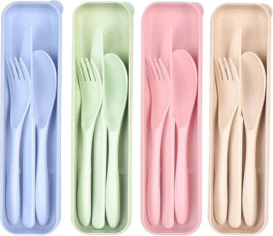 Lnrkai Travel Utensils Set with Case, 4 Sets Wheat Straw Reusable Spoon Knife Forks Tableware, Portable Cutlery Set for Lunch Box Accessories for Adults Kids Travel Picnic Camping or Daily Use