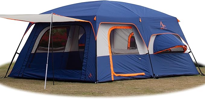 KTT Extra Large Tent 10-12-14 Person(B),Family Cabin Tents,2 Rooms,3 Doors and 3 Windows with Mesh,Straight Wall,Waterproof,Double Layer,Big Tent for Outdoor,Picnic,Camping,Family Gathering