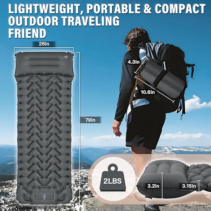 Sleeping Pad, 50D Ultralight Camping Mat with Pillow Built-in Foot Pump Sleeping Mat Waterproof Portable and Compact Camping Mattress for Backpacking Hiking Traveling Tent Air Mattress (Grey)