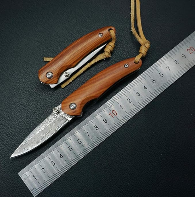 Folding Pocket Knife 2.6” Damascus Steel Blade and Natural Classic Red Sandalwood Handle Design, Outdoor EDC Portable Carry Keychain Knife