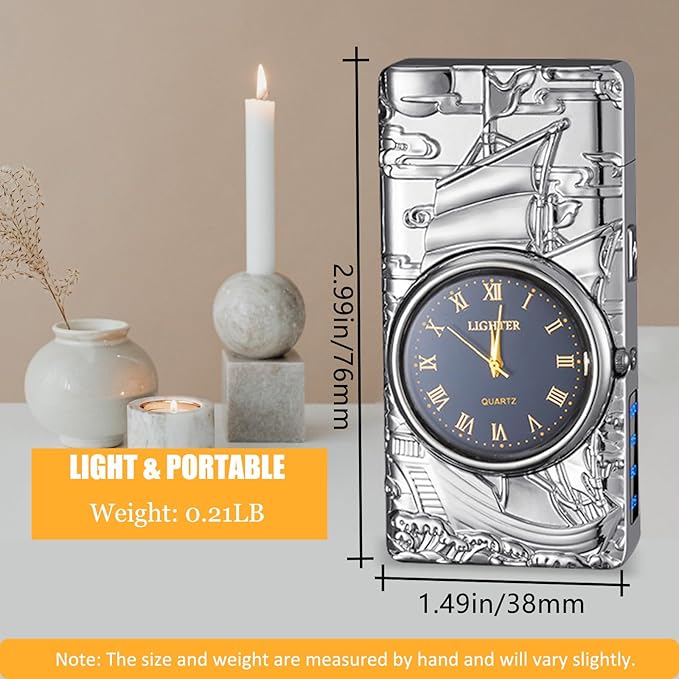 Cool Lighter with Clock Dial Electric Lighter with LED Power Display Plasma Lighter Windproof USB Rechargeable Lighter Gifts for Men Women (Sailboat-Silver)