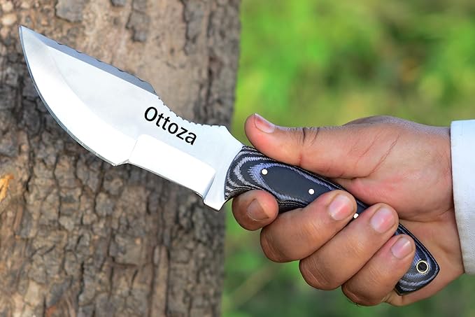 Ottoza Tracker Knife & Micarta Handle - Fixed Blade Hunting Knife - Horizontal Carry Knife Sheath 373