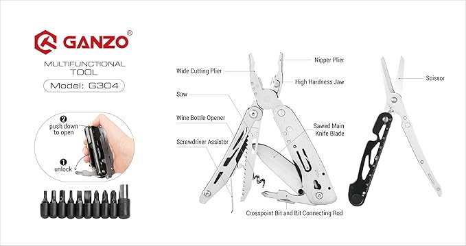 Ganzo G304 Full-sized Multitool, 21-in-1 Stainless Steel Pocket Knife with Screwdriver, Pliers with Sheath, Perfect for Outdoor, Survival, Camping, Hiking, Repair, EDC, Silver-black