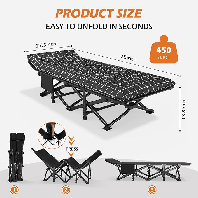ATORPOK Camping Cot for Adults with Cushion Comfortable,Portable Folding Bed for Sleeping,Lightweight Folding Bed with Carry Bag for Kids Supports 450 lbs (Black)