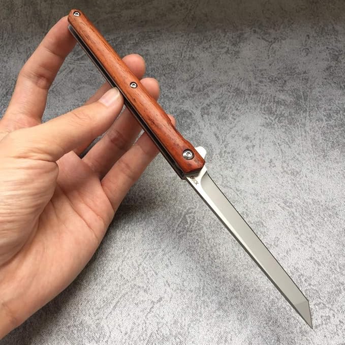 Folding Knife Small Portable Flipper, Ball Bearing, Liner Lock, Wooden Handle, Leather Sheath, for Outdoor, EDC, Collection, Gifts (Tanto Blade)