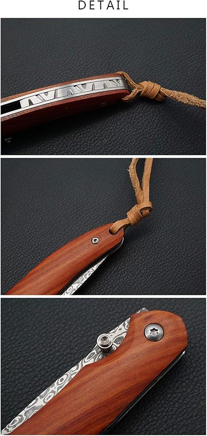 Folding Pocket Knife 2.6” Damascus Steel Blade and Natural Classic Red Sandalwood Handle Design, Outdoor EDC Portable Carry Keychain Knife