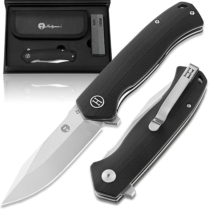 Holtzman's Gorilla Survival Folding Knife D2 Steel Blade G10 Handle Pocket Knife EDC Giftset for Men and Women (half stonewashed half silver blade + black handle)