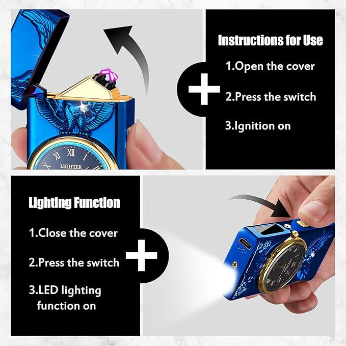 Cool Lighter with Clock Dial Electric Lighter with LED Power Display Plasma Lighter Windproof USB Rechargeable Lighter Gifts for Men Women (Eagle-Blue)