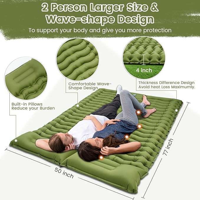 Double Sleeping Pad for Camping 4" Thickness Self Inflating Camping Mat with Pillow Built-in Foot Pump Portable 2 Person Camping Pad Waterproof Camping Mattress for Backpacking Hiking Traveling Tent