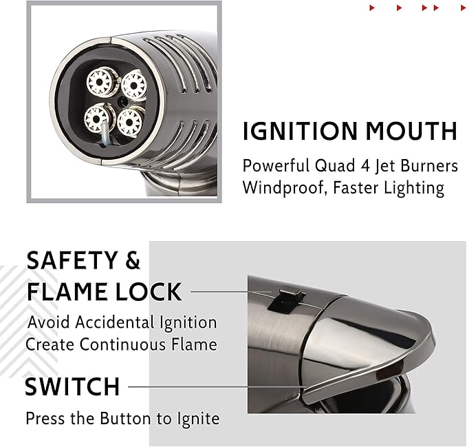 Torch Lighter, Quad 4 Jet Flame Windproof Butane Lighter with Safety Lock Adjustable Refillable Lighter for Kitchen Grill BBQ Candle Camping (Butane NOT Included) (Gunmetal)