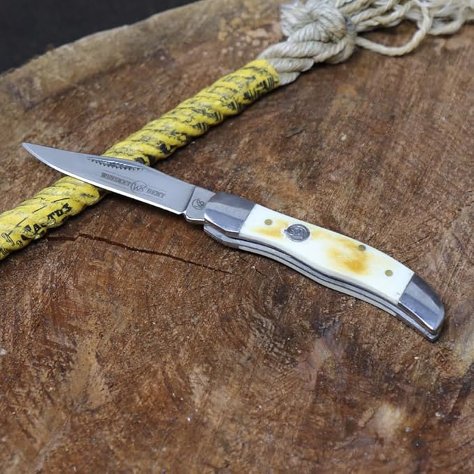 WHISKEY BENT HAT CO. Mini Hunter Folding Pocket Knife 2.75" Closed Length 440C Stainless Steel Blade (Burnt Bone)