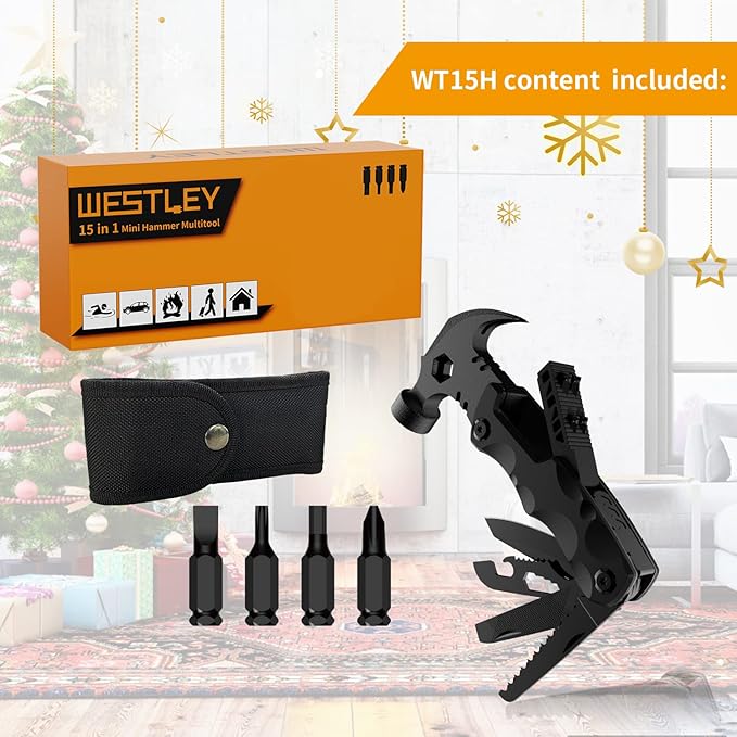 Gifts for Men Unique, WESTLEY Multitool, 15 in 1 Survival Gear, Camping Accessories, 4 Screwdrivers heads with Magnetic, Christmas Gifts for Men, Lock Function, cool gadgets for men WT15H