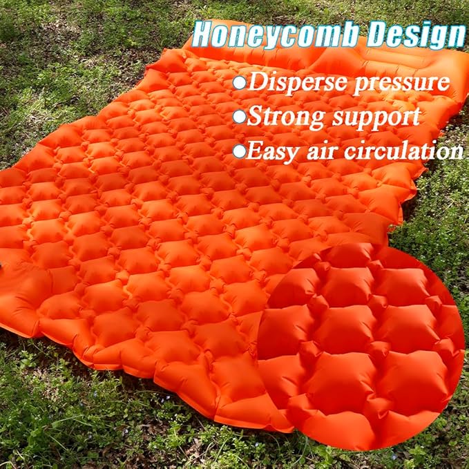 Sleeping Pad for Camping, Inflatable Sleeping Mat with Pillow, Camping Pad with Built-in Foot Pump, Lightweight Camping Mattress Pad for Car Camping, Backpacking, Tent and Hiking (Full (Orange))