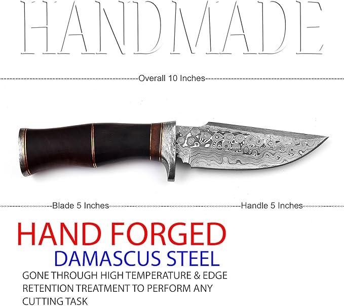 Handmade Damascus Steel Hunting Knife Fixed Blade for Camping, Survival, and Hunting - Premium Outdoor Gear Razor Sharp Edge with Camel Bone and Rose Wood Handle