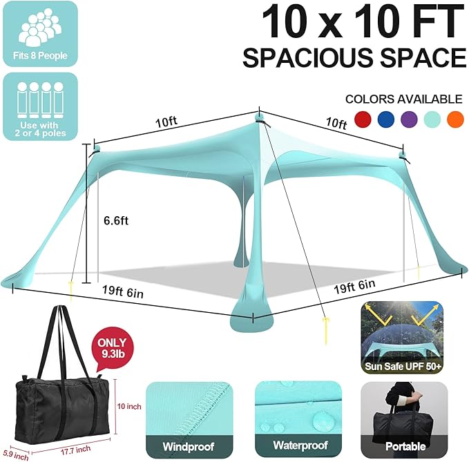 Buheco Beach Tent Pop Up Shade 10x10ft Beach Canopy Sun Shelter UPF50+ with 4 Foldable Poles-Portable Carrying Bag-Sand Shovel-Ground Pegs-Windproof Ropes for Outdoor Family Camping-Fishing- Picnic