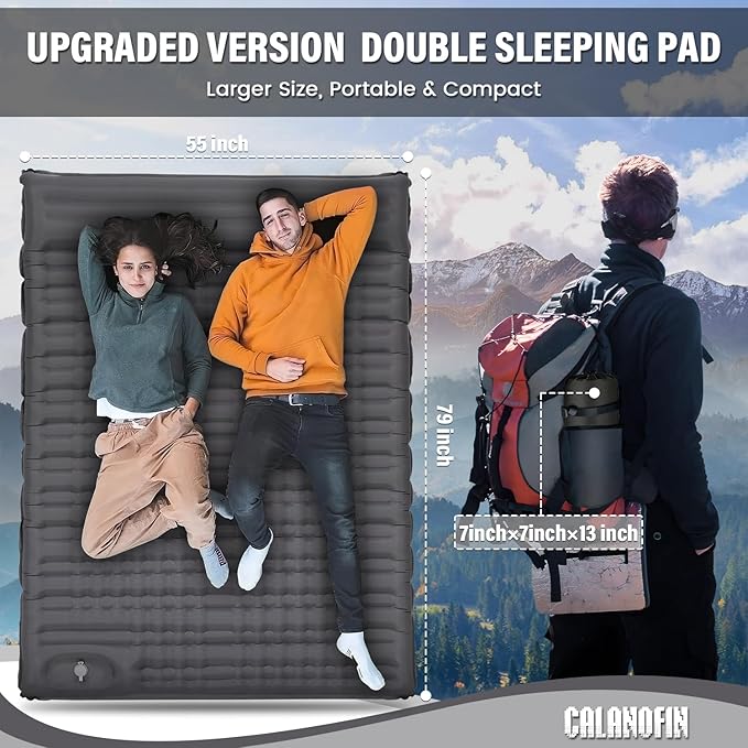 Sleeping Pad for Camping 2 Person Extra 4.7 Inch Thickness Self Inflating Mat with Pillow Built-in Foot Pump Portable Double, Grey