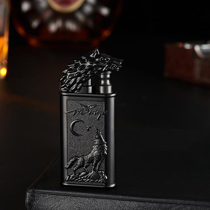 Torch Lighter, Relief Wolf Design Magic Dual Flame Lighter with Adjusting Flame Tool, Creative Windproof Lighter, Cool Jet Flame Butane Lighter, Refillable Butane Lighter for Outdoor Indoor