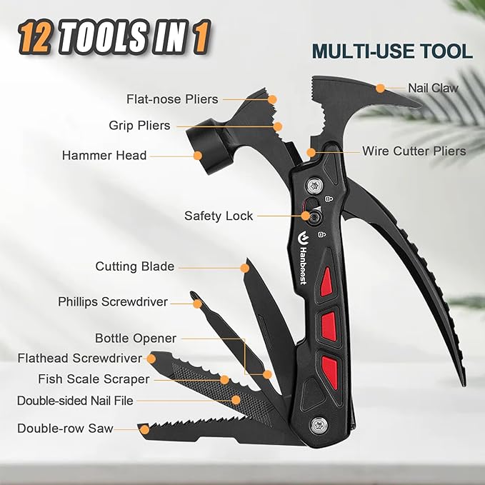 Multitool Hammer Multifunction Claw Hammer Multipurpose Camping DIY Survival Gear Gadget with Phillips Screwdriver Nail File Bottle Can Opener for Hiking Outdoor Camping Gifts for Men Him Dad