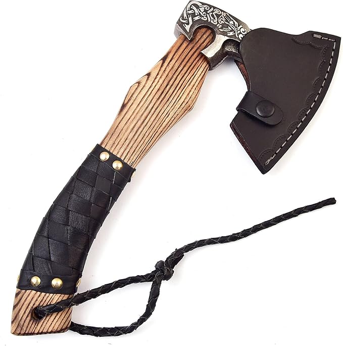 H&A CRAFTS® Viking Axe The Ragnar Lothbrok Real, and Custom Crafted with Leather Sheath Carbon Steel Camping Hatchet Personalized Gifts for Men (Jormungandr Viking Axe)