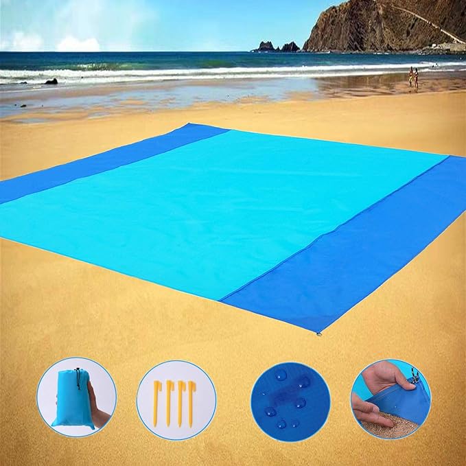 Sand Free Beach Blanket, Large/Oversized Outdoor Picnic Mat Waterproof Quick Drying Ripstop Nylon Compact Sandproof Beach Blanket for Camping Hiking Fishing Travel (L,82"X79")
