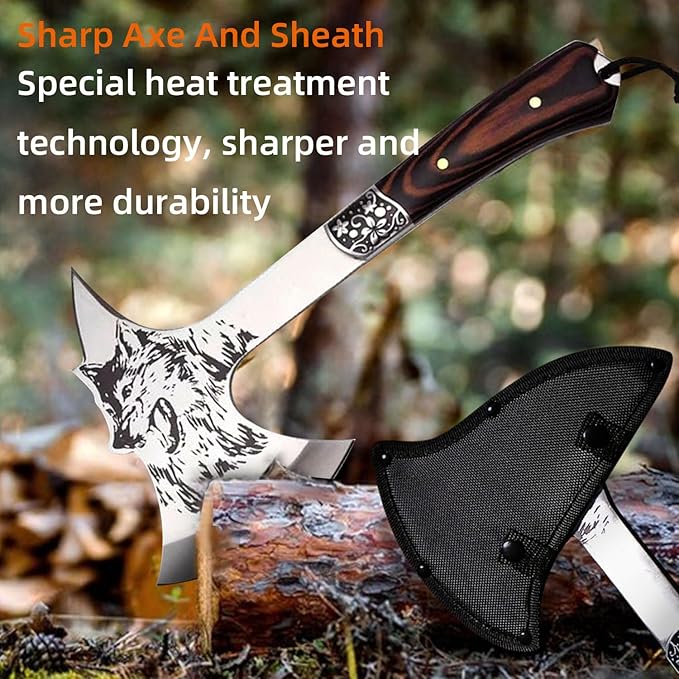 Stainless Steel Camping Hatchet with Sheath, 12.59" Wooden Handle Tactical Hatchet for Outdoor, Hunting, Adventure, Emergency YH22-01