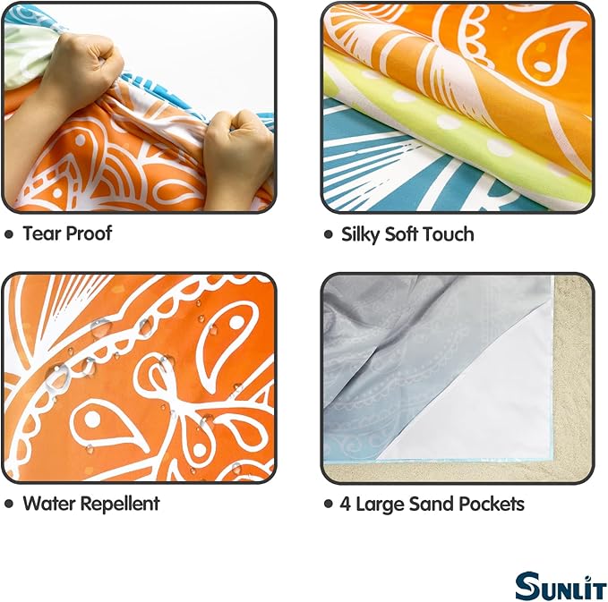 Sunlit 10'x9' Extra Large Boho Sand Proof Beach Blanket, Sand Proof Mat with Corner Pockets and Mesh Bag for Beach Party, Travel, Camping and Outdoor Music Festival, Light Orange and Sky Blue Mandala