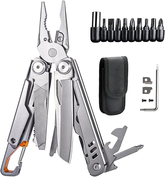 Multitool Pliers with Carabiner - 15-in-1 Keychain Multi tool for Men Replaceable Blades Screwdrivers Pocket Knife Bottle Can Opener File Ruler Scissors Survival Camping Gear Sheath Belt Clip