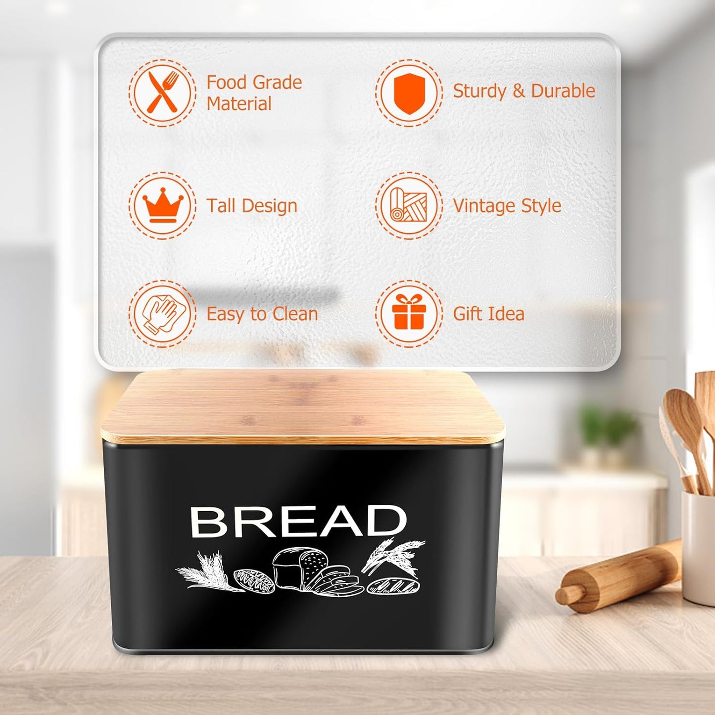 JIGUOOR Black Bread Box, Extra Large Space Saving Vertical Metal Bread Box with Wooden Cutting Board Lid, Holds 3 Loaves, Farmhouse Kitchen Bread Storage, Kitchen Parts Box 12.99" x 7.08" x 7.08"