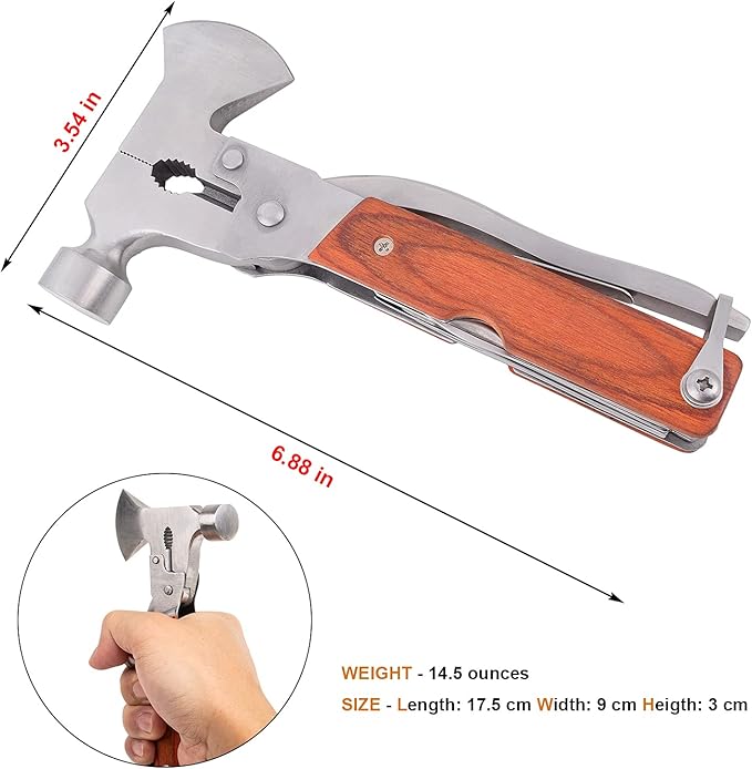 Multitool Hammer Camping Gear Accessories Survival Kits 14 in 1 Multifunction Tool Portable Folding Wood Handle Stainless Steel Multipurpose Equipment For Outdoor Hiking Hunting Tactic Unique Gifts