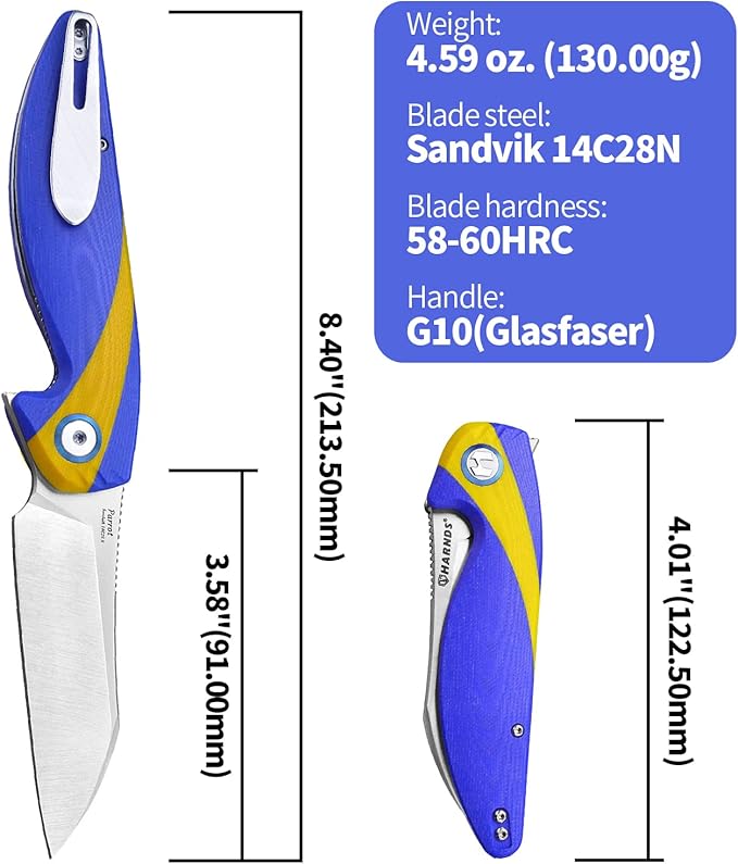 Parrot Folding Pocket Knife with Clip and Blade Lock, 8.4" EDC Folding Knife with Sweatproof G10 handle and 14C28N Stainless Blade (Blue & Yellow)