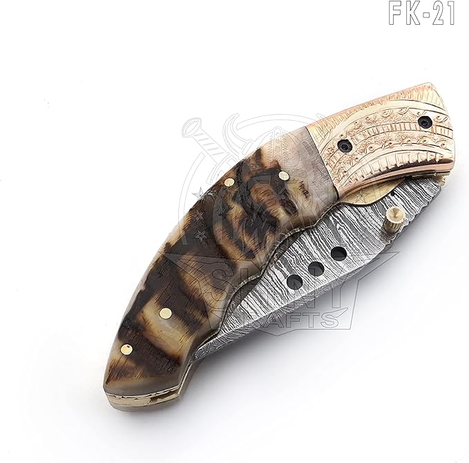 SHINY CRAFTS -Damascus Folding Knife Pocket Knives Hunting Knife Tactical Knife – Utility Pocket Knife - Everyday Carry - PlainEdge - Leather Sheath (FK 21)