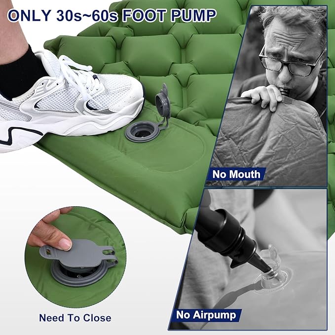 PATIKIL Backpacking Air Mattress Self-Inflating Sleeping Mats for Camping 76x24'' Waterproof Ultralight with Pillow Built-in Foot Pump for Hiking Tent Traveling, Green