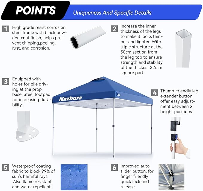 Nazhura 10' x 10' Pop Up Canopy Tent with Sand Weight Bag, Freestanding Sun Shelter for Picnic and Camping, One Person Setup and Height Adjustable (Blue)