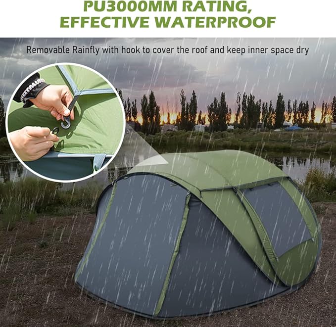 Pop Up Tent, HIKERBRO 4 Person Instant Tent with Skylight, Waterproof Instant Pop Up Tent with Rainfly, Easy Setup Camping Tents, 2 Doors & Windows, 4 Men Automatic Family Tent for Hiking, Traveling