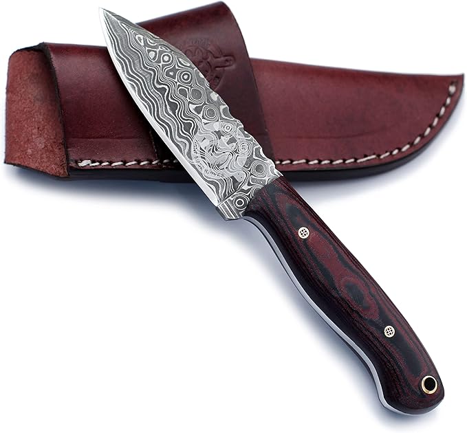 Handmade Damascus Steel Knife Bowie for Hunting,Survival,Camping,Bushcraft, and Fishing-Fixed Blade with Drop Point Full Tang Micarta Handle with Cowhide-Leather Sheath - WKD-771