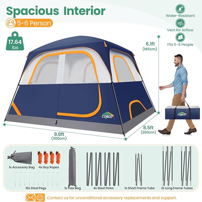COBIZI Camping Tent, 4/6 Person Easy Setup Waterproof Windproof Backpacking Tent with Removable Rainfly, Lightweight Portable Outdoor Family Tents for Camping, Travel, Fishing, Hiking, Scouts