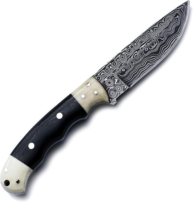 Handmade Damascus Steel Fixed Blade Bowie Knife for EDC,Hunting,Survival,Camping,Bushcraft,and Fishing with Drop Point Full Tang Bone Handle with Cowhide-Leather Sheath - WKD-783