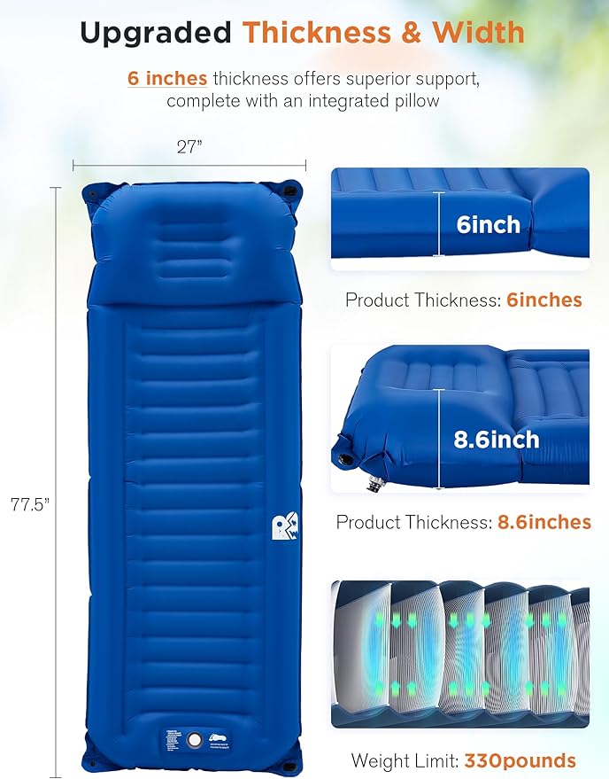 Sleeping Pad for Camping 6 Inches Thick Self Inflatable Ultra Lightweight Sleep Mat with Built-in Pillow ＆ Pump Compact for Backpacking Hiking Tent Travel w/Carrying Bag 77.5''LX27''W, Blue