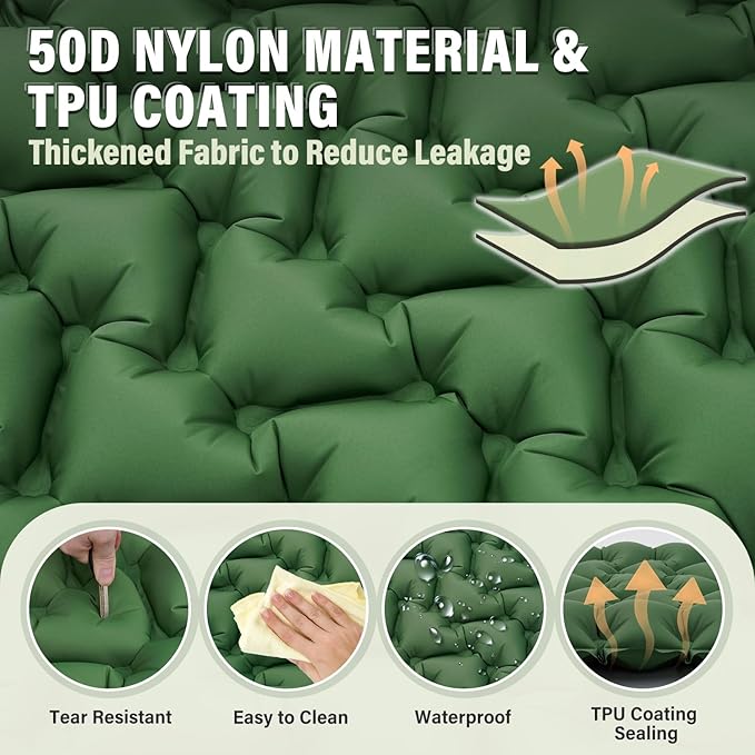 Sleeping Pad, 50D Inflatable Camping Mat with Pillow Built-in Foot Pump Sleeping Mat Waterproof Portable and Compact Camping Mattress for Backpacking Hiking Traveling Tent Air Mattress (Green)