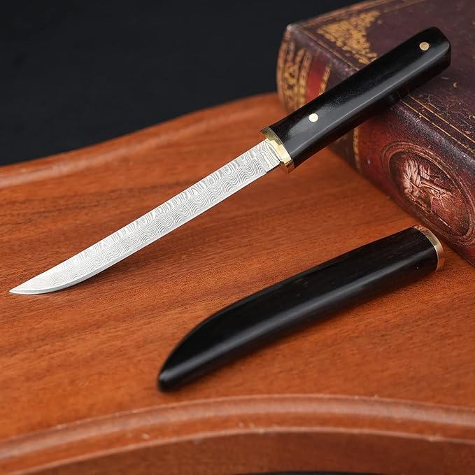 Damascus Knife Gift Men's Mini Katana Japanese Samurai Knives with Wooden Sheath, 4-1/5'' Fixed Blade Damascus Steel Pocket Knife