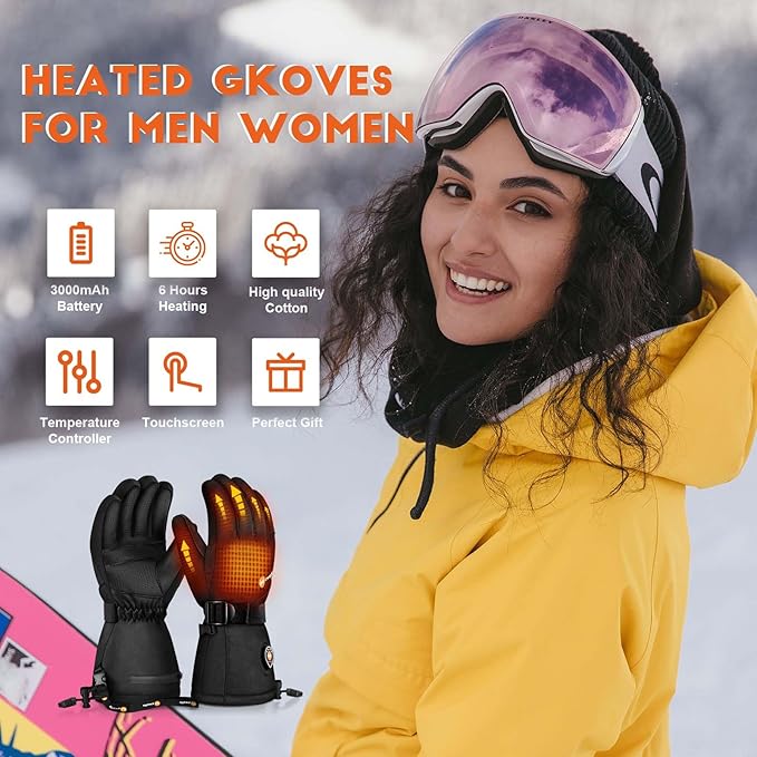 Heated Gloves for Men Women 7.4V Battery 22.2WH Rechargeable Heated Ski Gloves Touchscreen Waterproof Electric Heated Gloves for Winter Outdoor Work Skiing Hiking Camping Raynaud