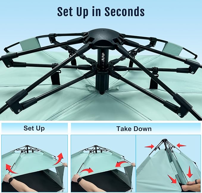 WhiteFang Deluxe Pop Up Beach Tent Sun Shade Shelter for 3-4/5-6 Person, UV Protection, Extendable Floor with 3 Ventilating Windows Plus Carrying Bag, Stakes, and Guy Lines