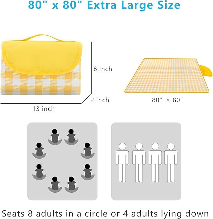 Outdoor Picnic Blanket Beach Blanket, Extra Large 80 " x 80 ", Foldable Waterproof and Sandproof Mat, Camping Carpet, Portable Travel Mat for Traveling, Camping, Hiking, Holiday Party, Park Lawn