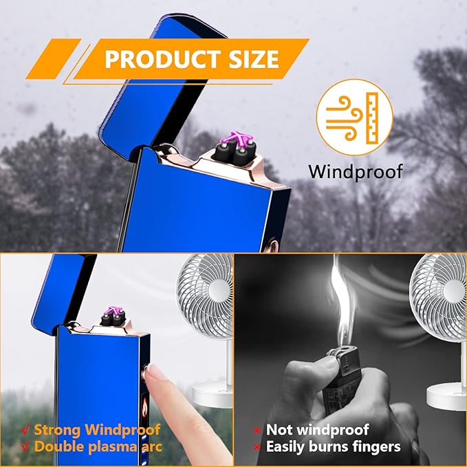 GADATOP Arc Lighter Rechargeable Windproof Flameless Electric Lighters for Outdoors Camping Hiking, Plasma Lighter with LED Battery Indicator and Gift Box (Blue)