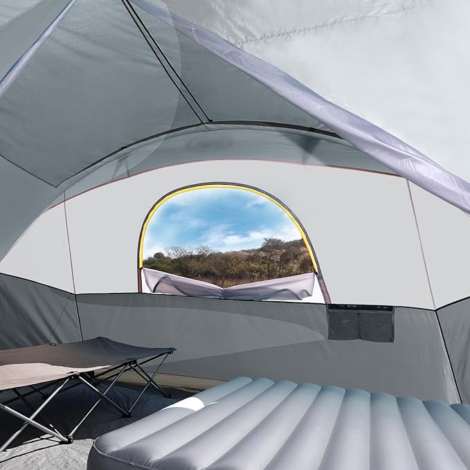 UNP Camping Tent 8/9 Person, Family Camping Tent, 5 Large Ventilation Mesh Windows, 14'x14'x78 inches Tall with Dividers Curtain for 2 Room